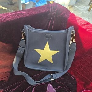 Ah-Dorned Neoprene Crossbody Bag Blue with Gold Star Adjustable Strap